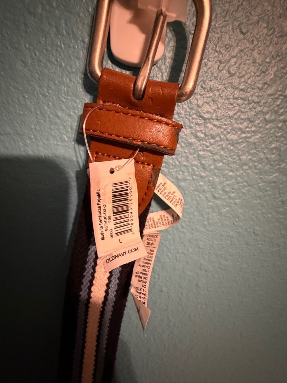 Old Navy Brown and Navy Striped Webbing Belt with Tan Leather Trim